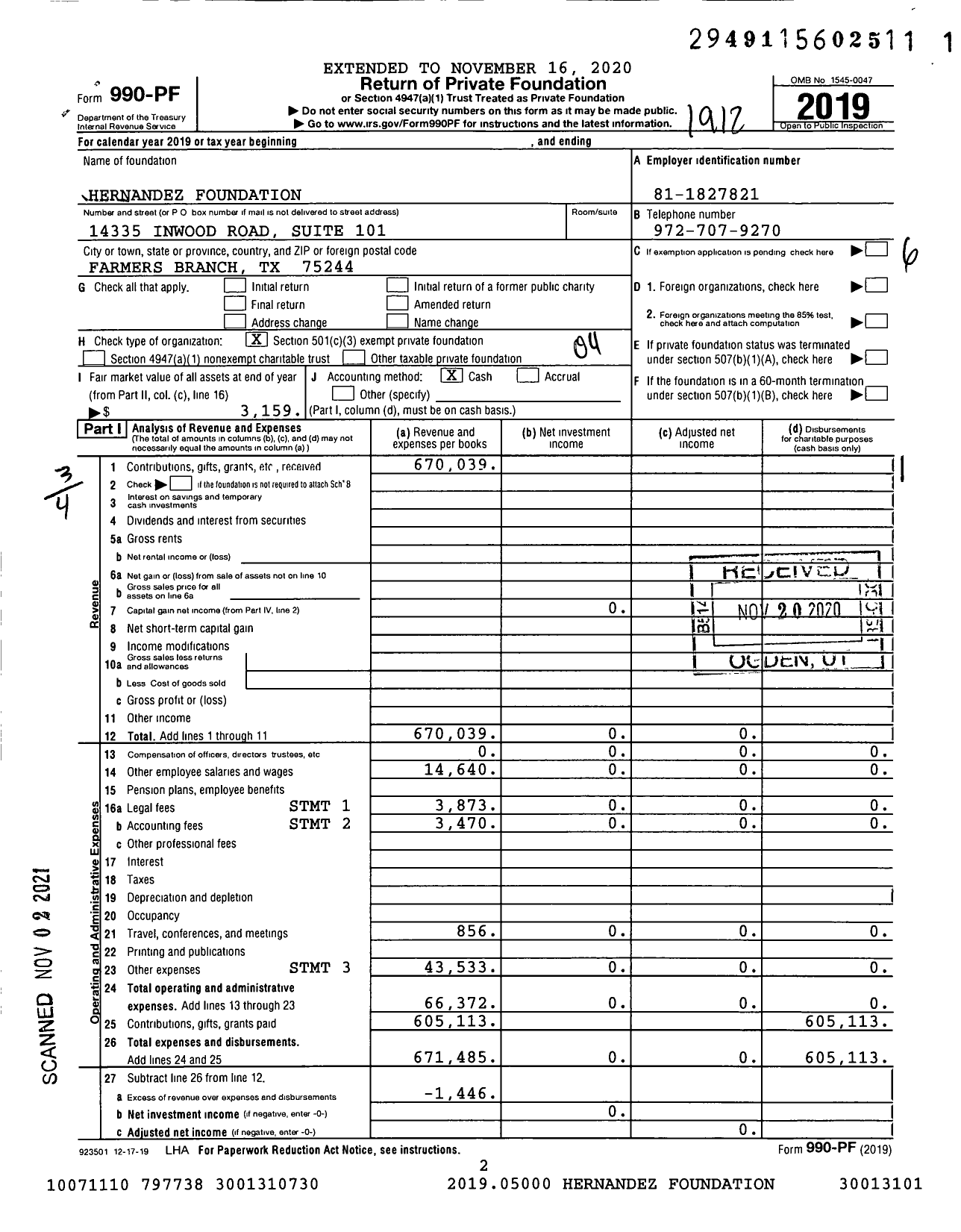 Image of first page of 2019 Form 990PF for Hernandez Foundation