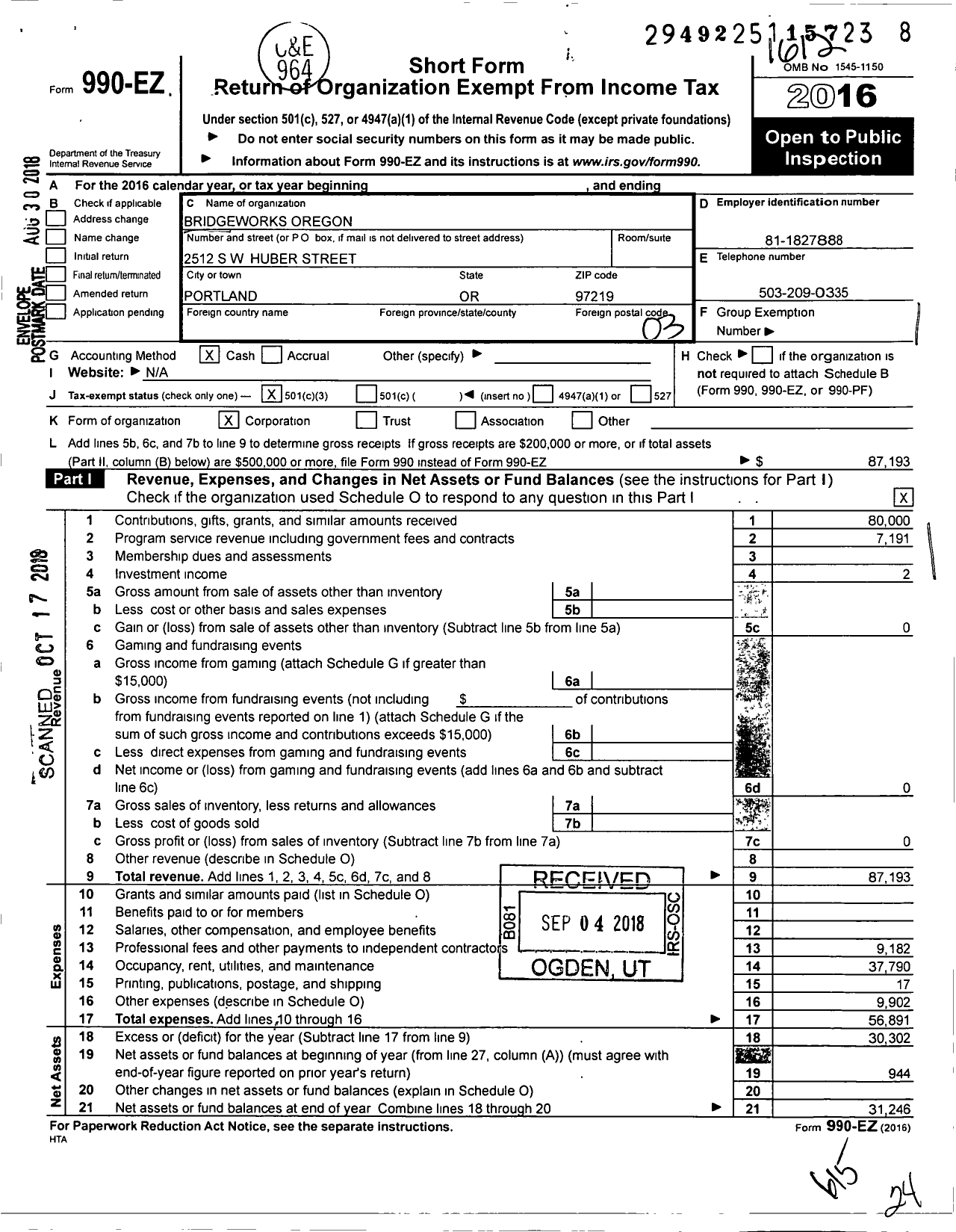 Image of first page of 2016 Form 990EZ for Bridgeworks Oregon