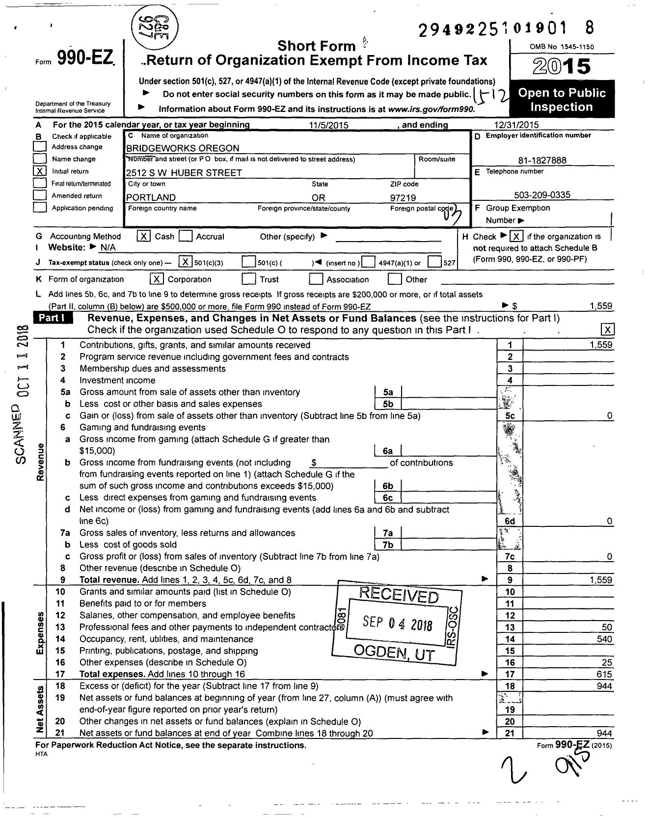 Image of first page of 2015 Form 990EZ for Bridgeworks Oregon