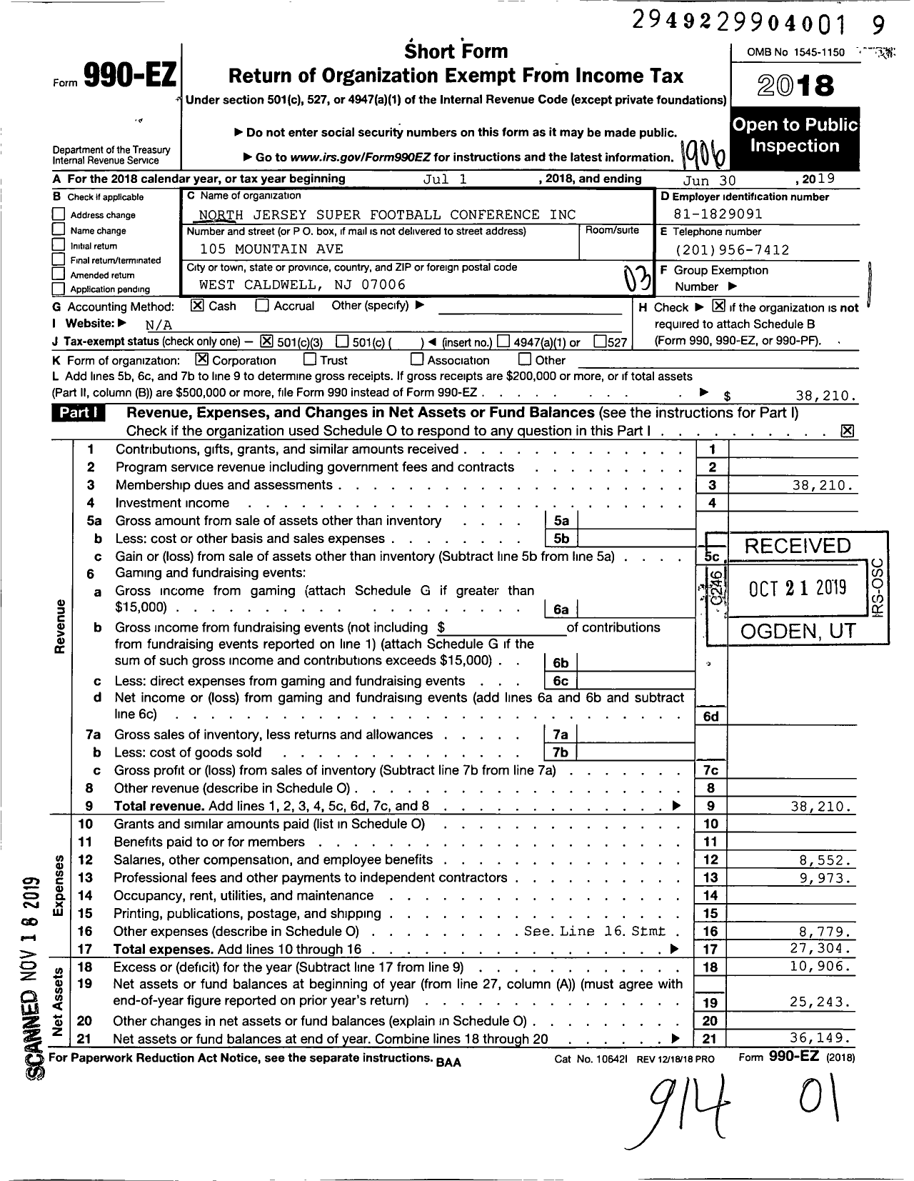 Image of first page of 2018 Form 990EZ for North Jersey Super Football Conference