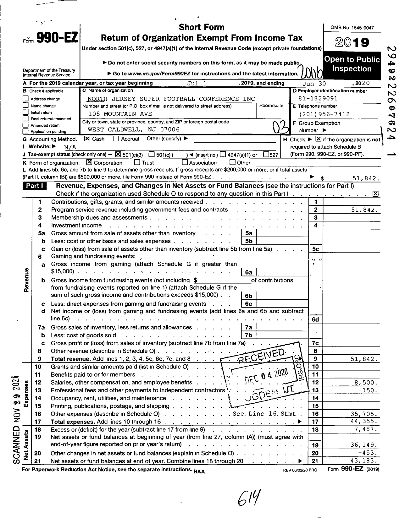 Image of first page of 2019 Form 990EZ for North Jersey Super Football Conference