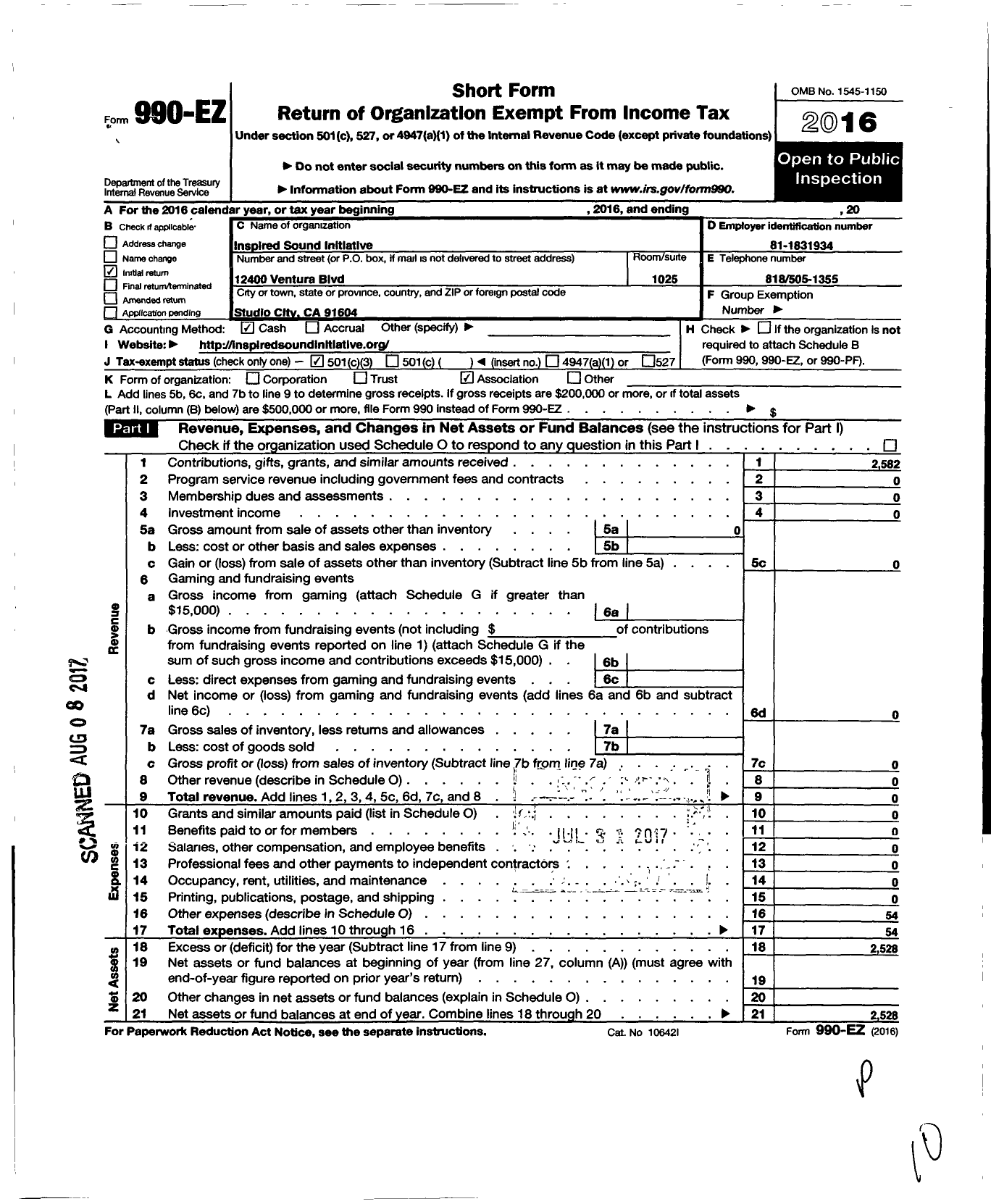 Image of first page of 2016 Form 990EZ for Inspired Sound Initiative