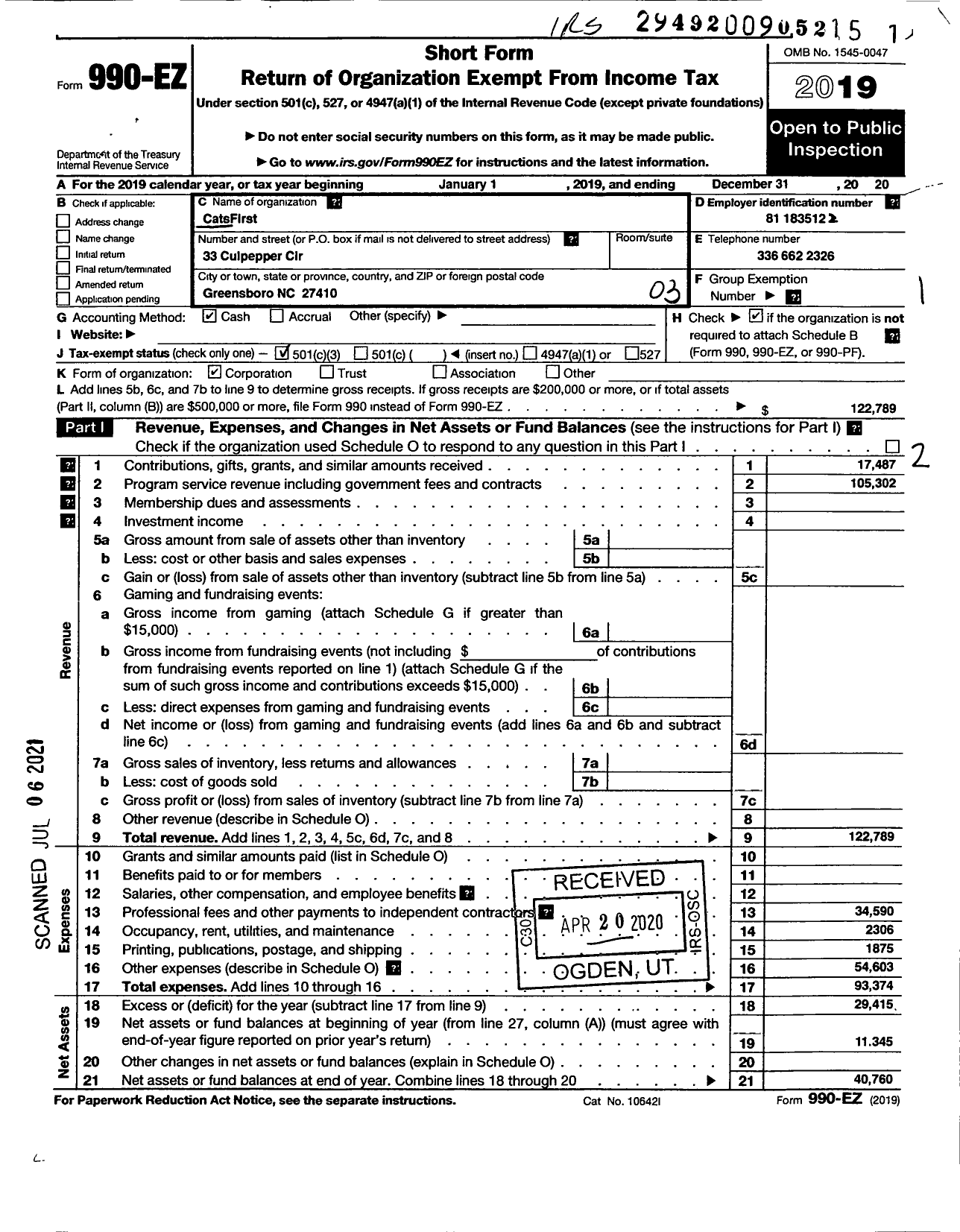 Image of first page of 2020 Form 990EZ for Catsfirst