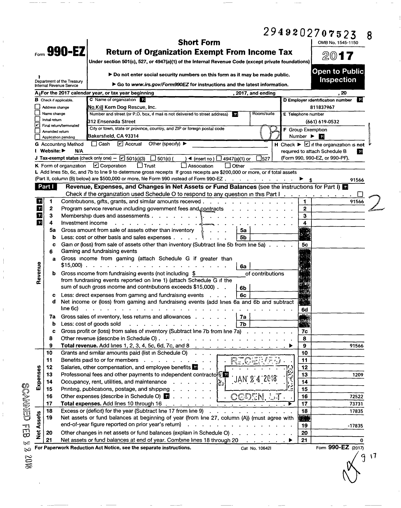 Image of first page of 2017 Form 990EZ for No Kill Kern Dog Rescue