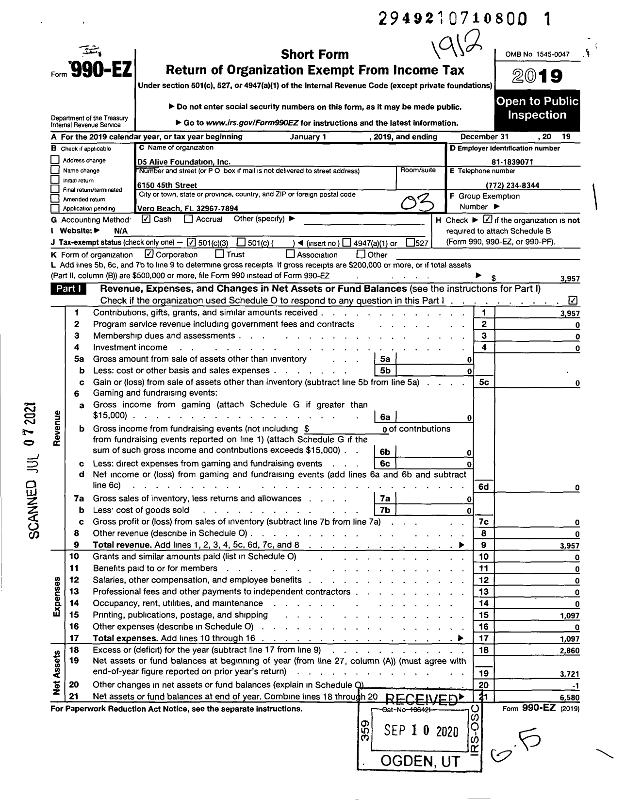 Image of first page of 2019 Form 990EZ for D5 Alive Foundation