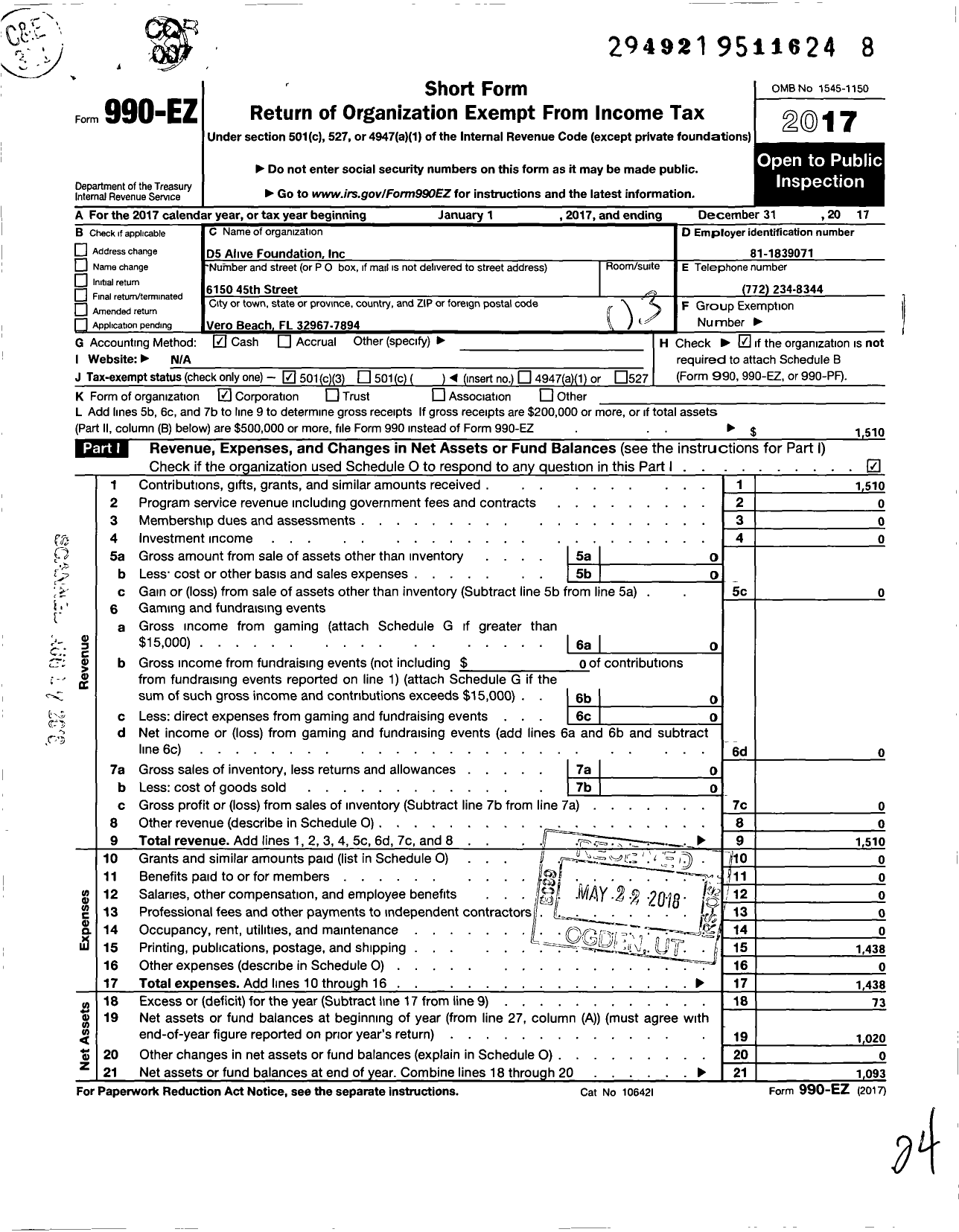 Image of first page of 2017 Form 990EZ for D5 Alive Foundation