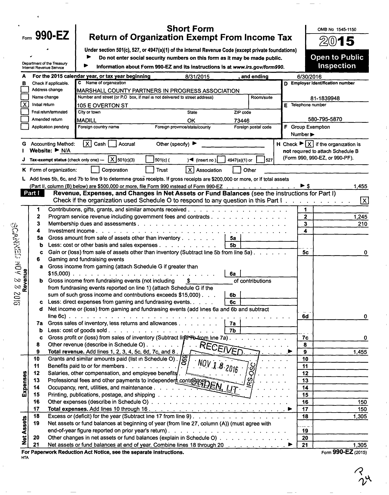 Image of first page of 2015 Form 990EZ for Marshall County Partners in Progress Association