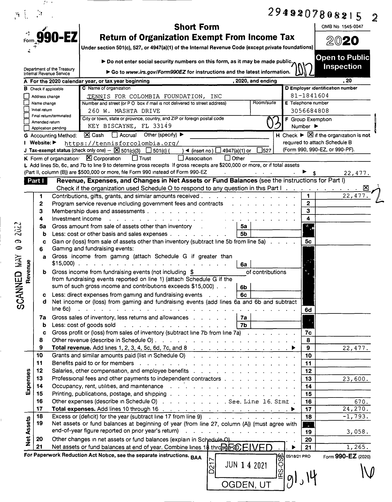 Image of first page of 2020 Form 990EZ for Tennis for Colombia Foundation