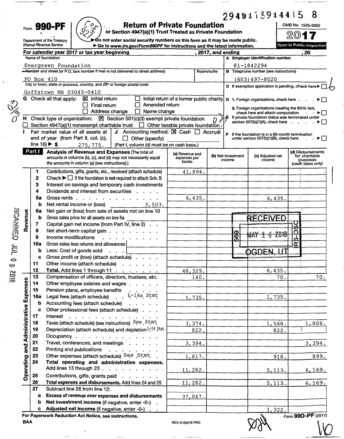 Image of first page of 2017 Form 990PF for Evergreen Foundation