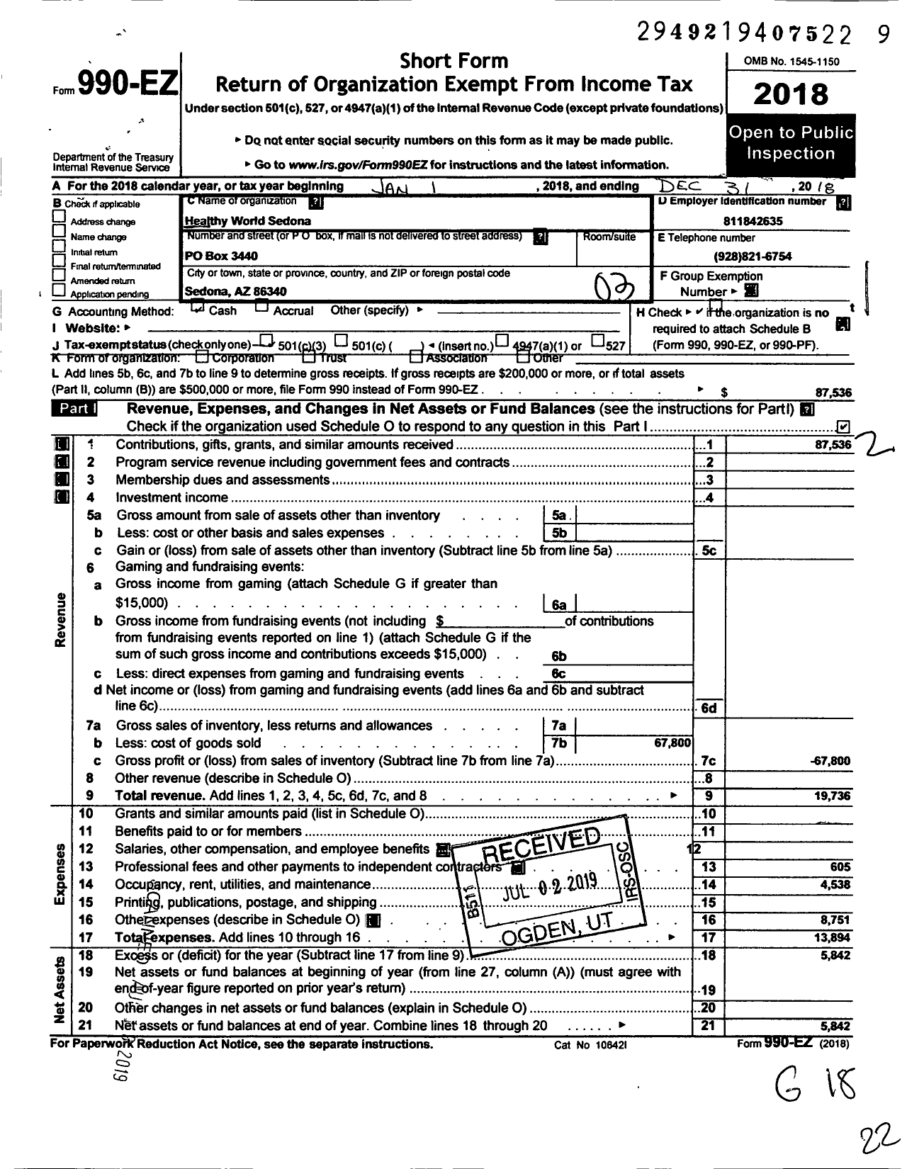 Image of first page of 2018 Form 990EZ for Healthy World - Sedona