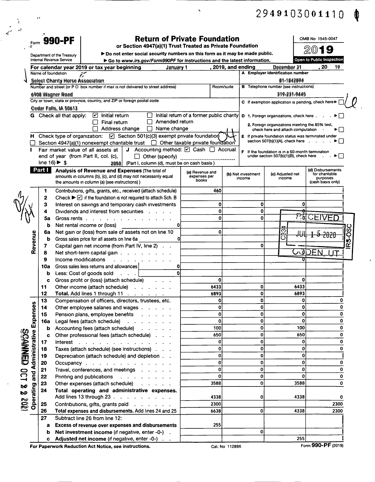 Image of first page of 2019 Form 990PF for Select Charity Horse Association