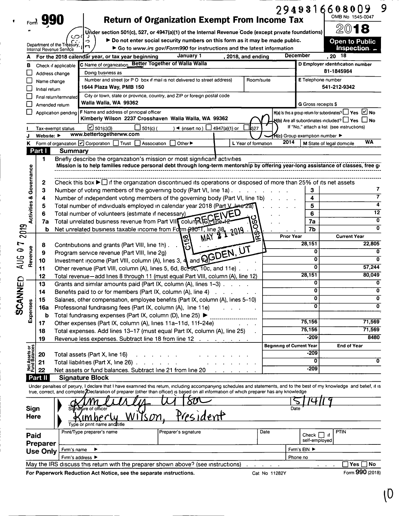 Image of first page of 2018 Form 990 for Better Together of Walla