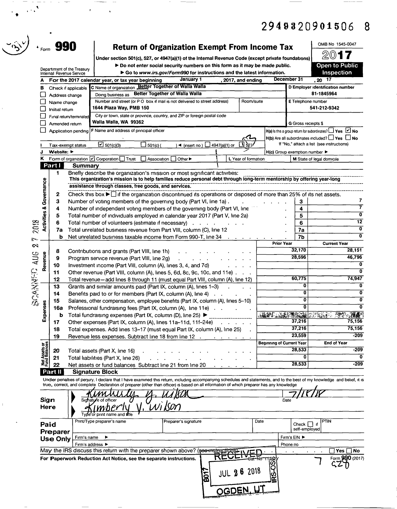 Image of first page of 2017 Form 990 for Better Together of Walla