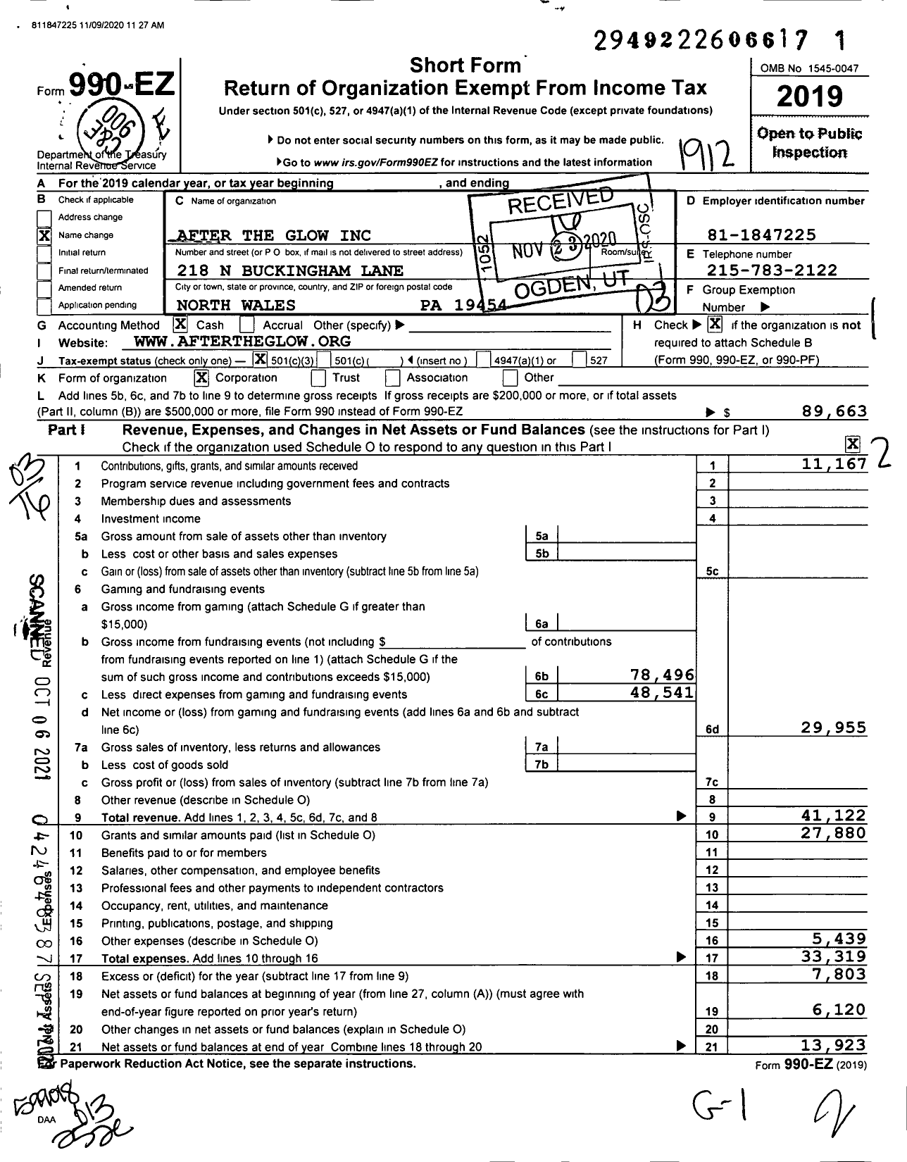 Image of first page of 2019 Form 990EZ for After the Glow