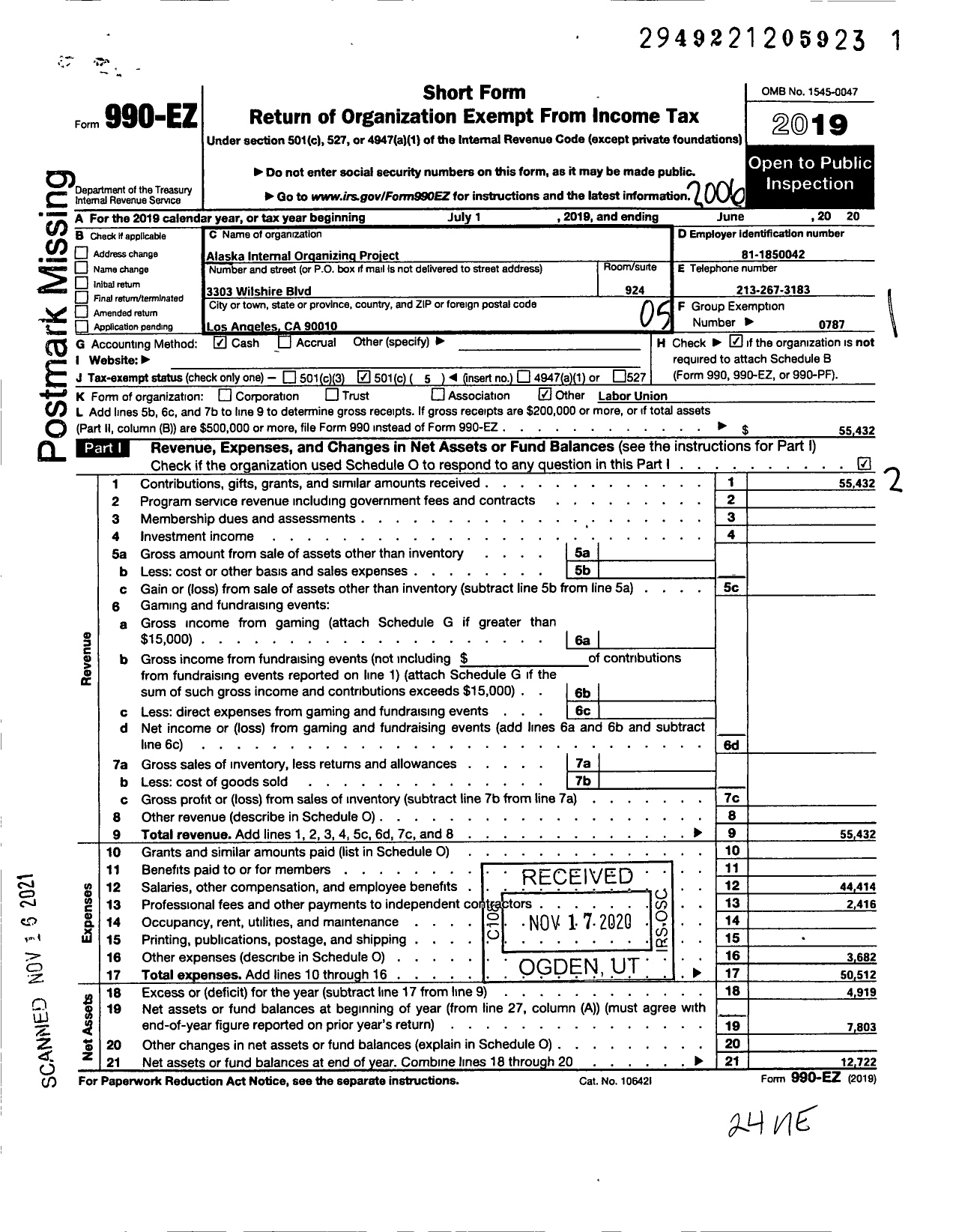 Image of first page of 2019 Form 990EO for American Federation of Teachers - Alaska Internal Organizing Project