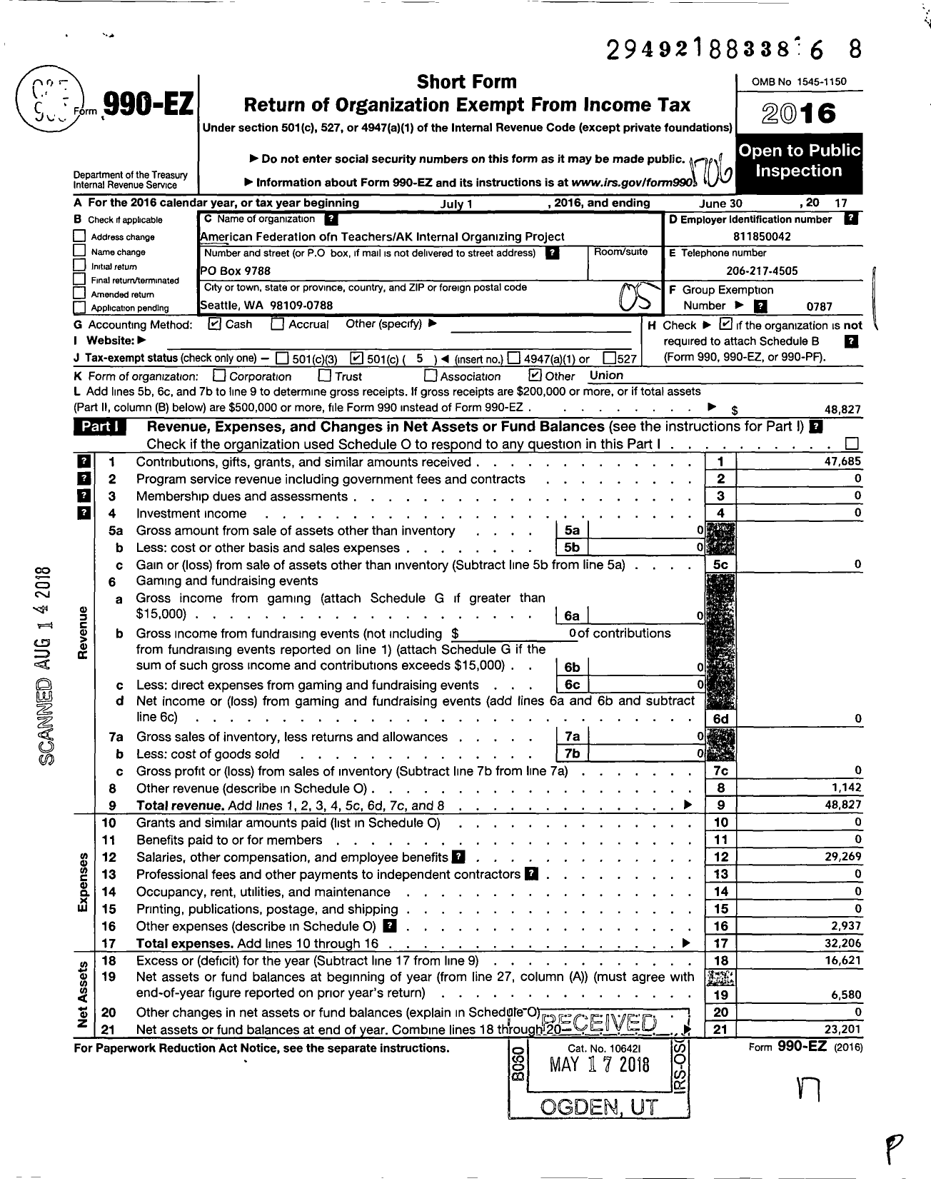 Image of first page of 2016 Form 990EO for American Federation of Teachers - Alaska Internal Organizing Project