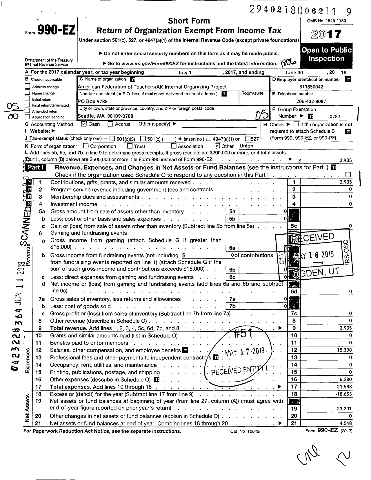 Image of first page of 2017 Form 990EO for American Federation of Teachers - Alaska Internal Organizing Project