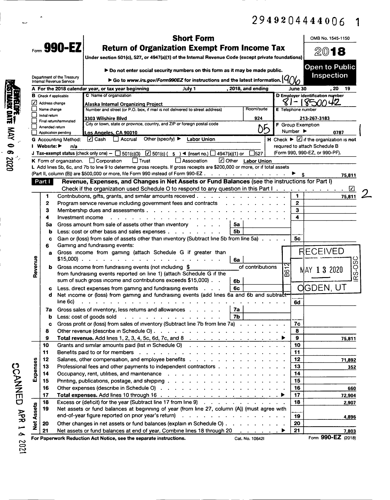 Image of first page of 2018 Form 990EO for American Federation of Teachers - Alaska Internal Organizing Project