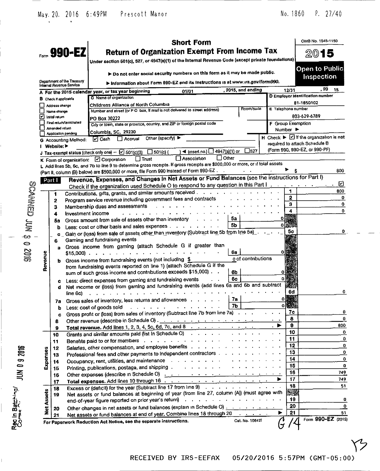 Image of first page of 2015 Form 990EZ for Childrens Alliance of North Columbia