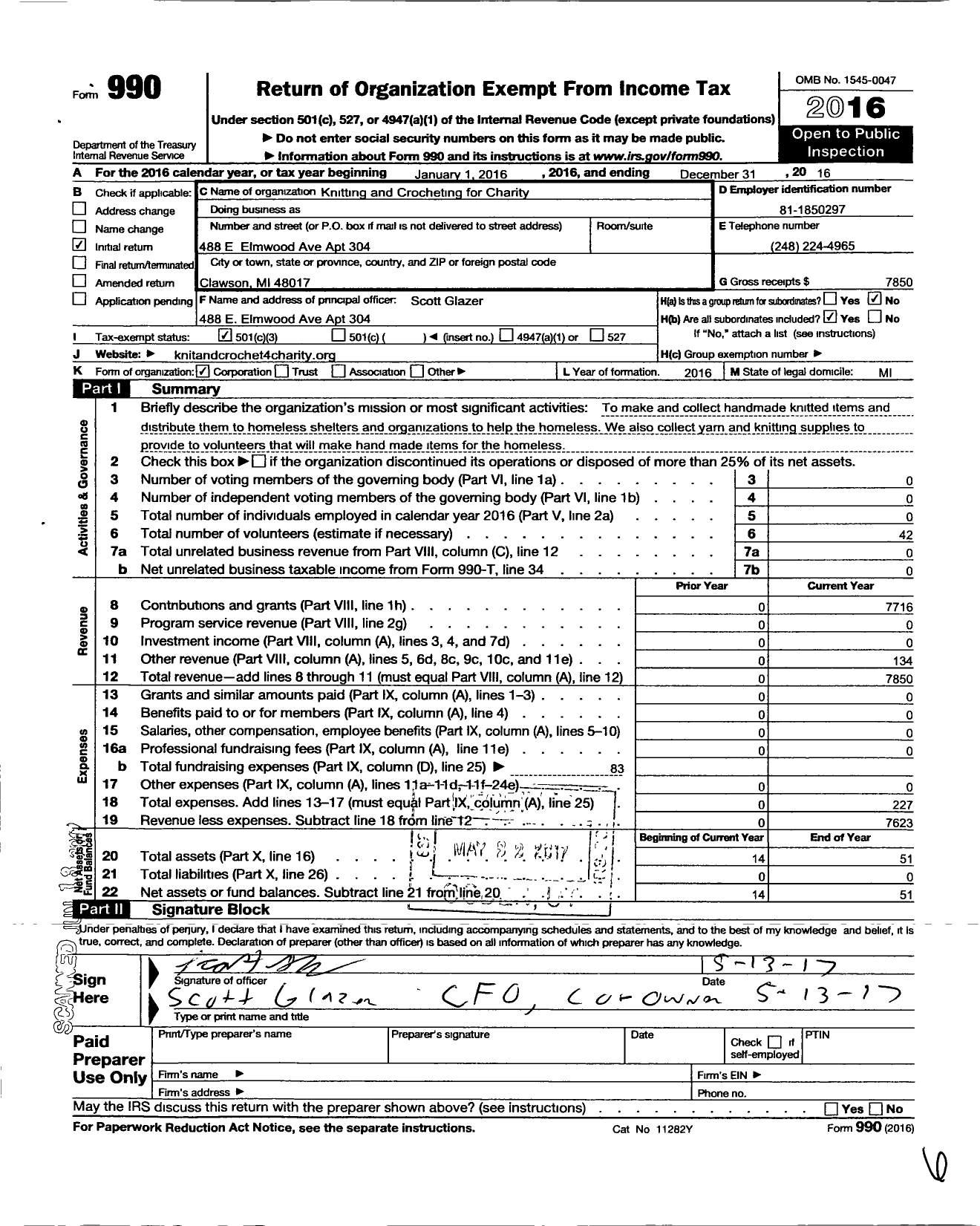 Image of first page of 2016 Form 990 for Knitting and Crocheting for Charity