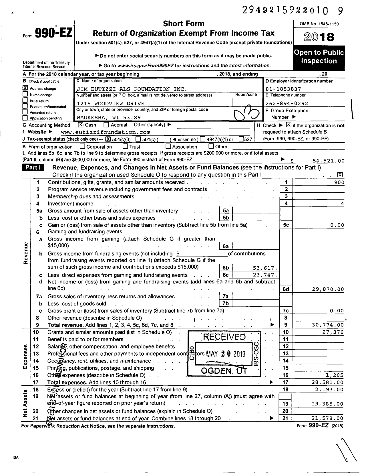 Image of first page of 2018 Form 990EZ for Jim Eutizzi ALS Foundation