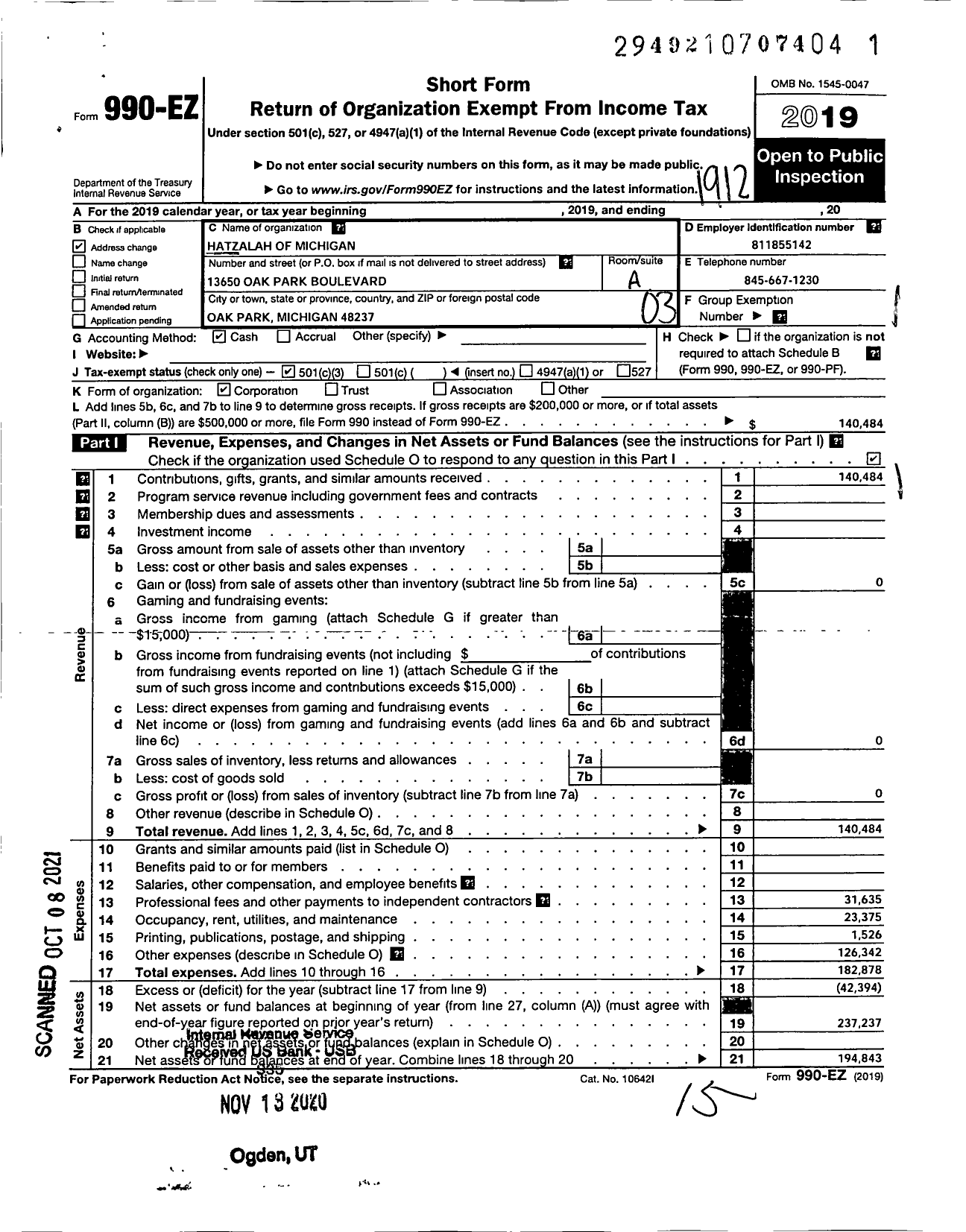 Image of first page of 2019 Form 990EZ for Hatzalah of Michigan