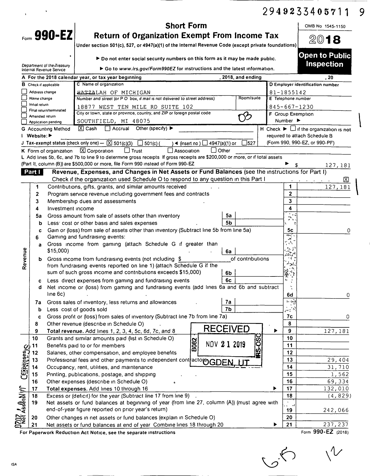 Image of first page of 2018 Form 990EZ for Hatzalah of Michigan