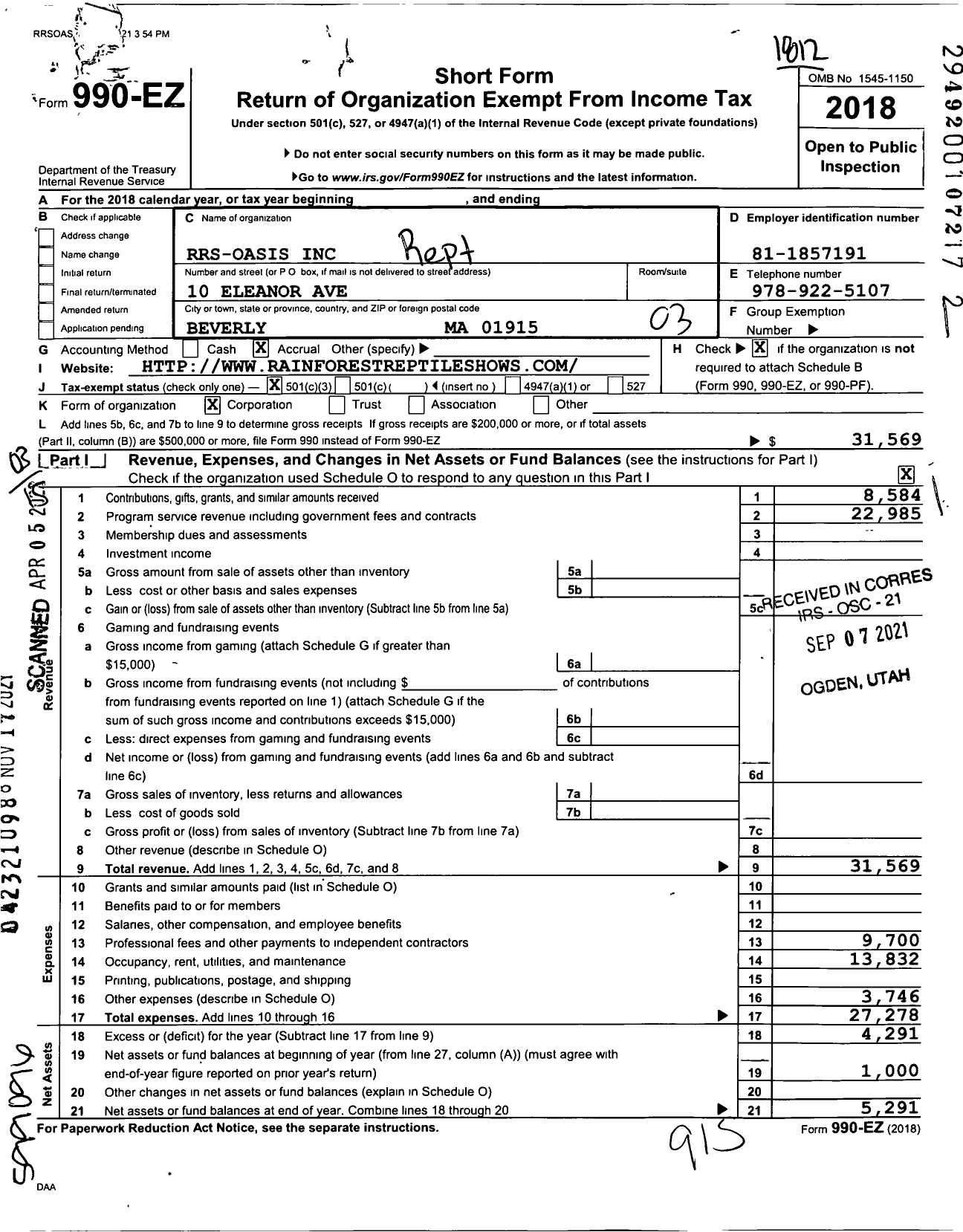 Image of first page of 2018 Form 990EZ for Rrs-Oasis