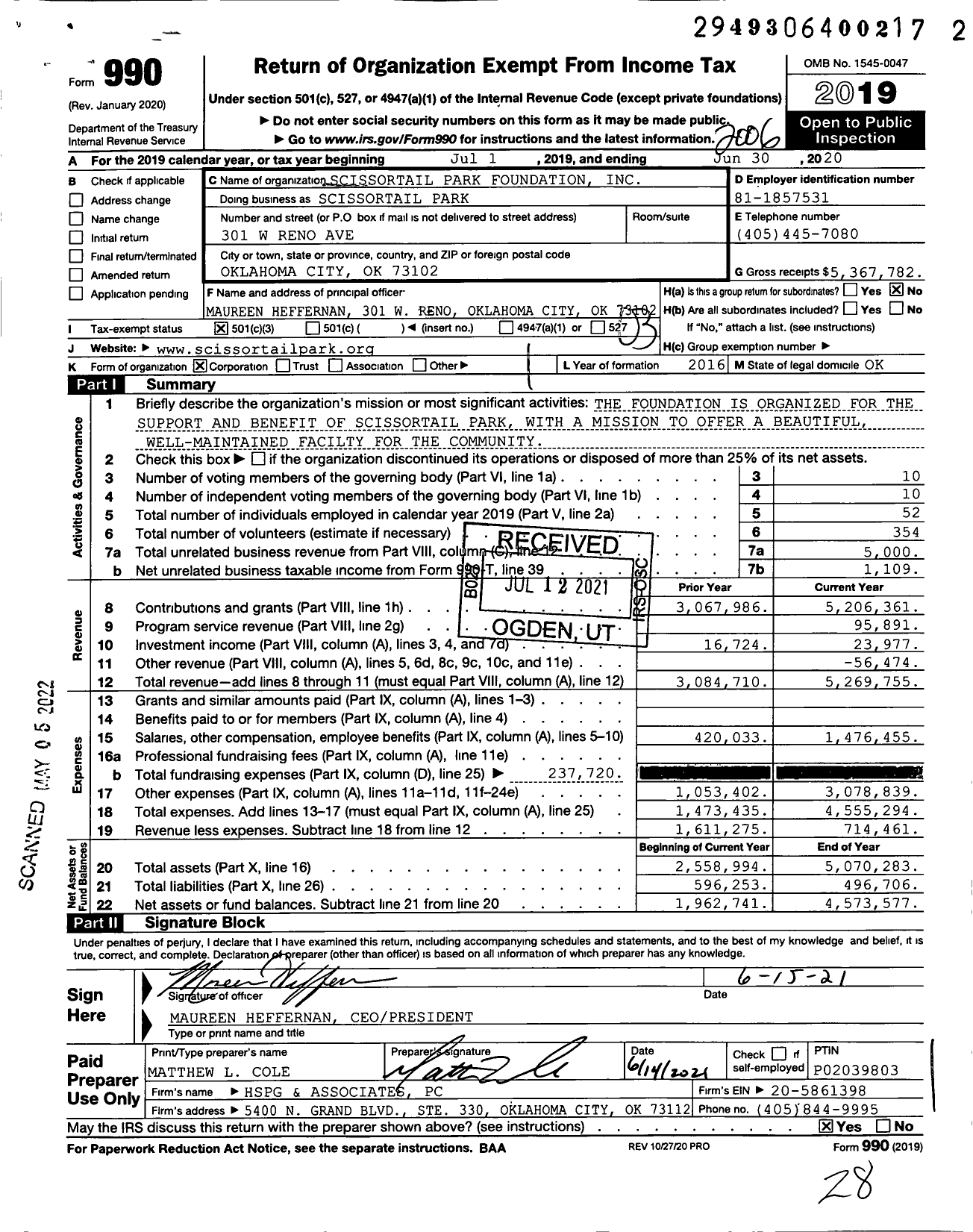 Image of first page of 2019 Form 990 for Scissortail Park