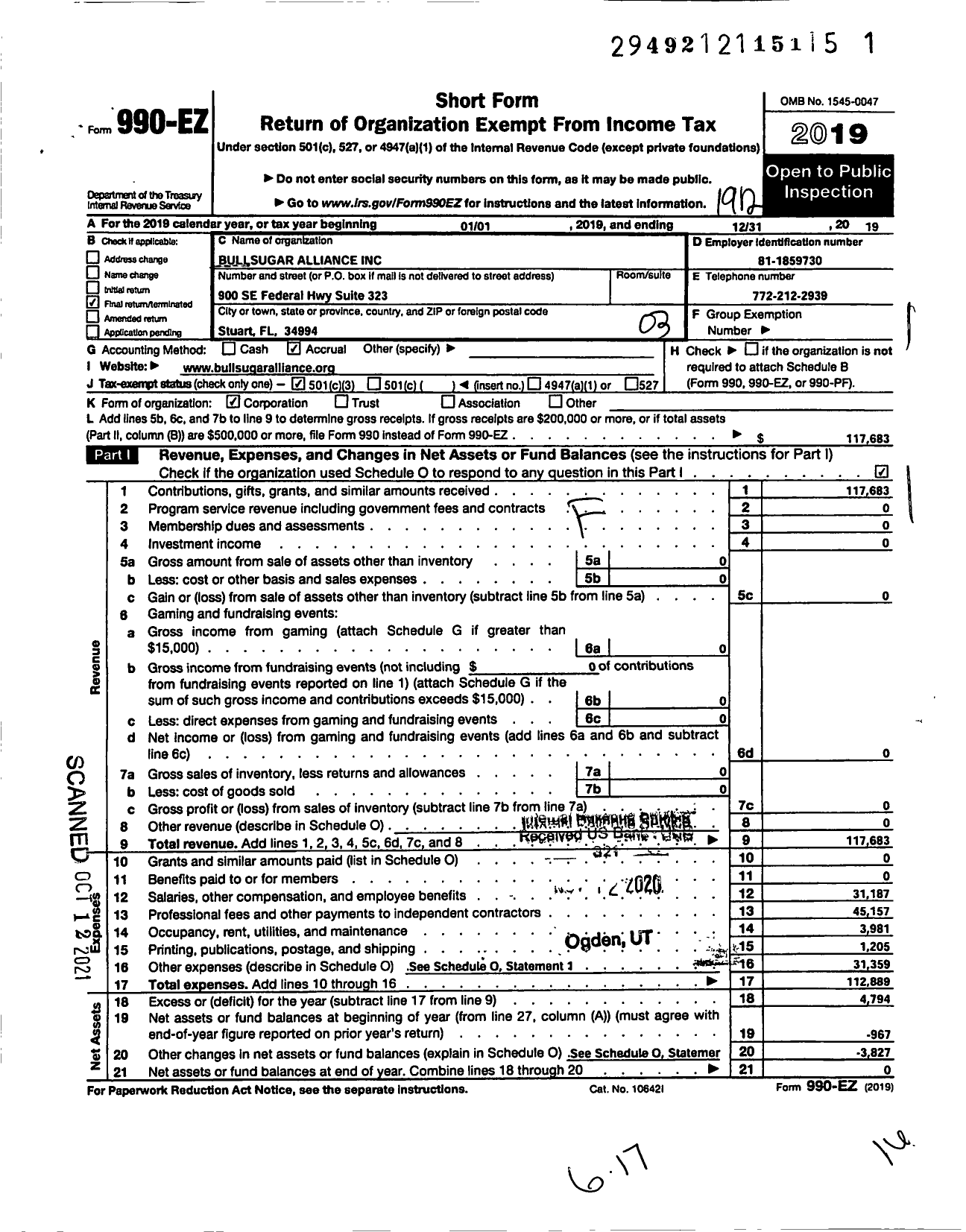 Image of first page of 2019 Form 990EZ for Bullsugar Alliance