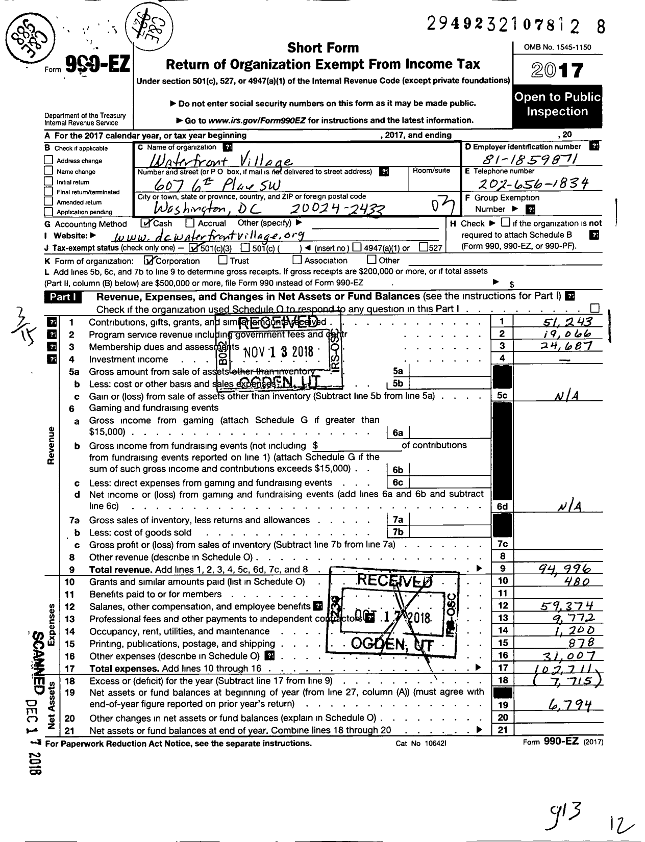 Image of first page of 2017 Form 990EZ for Waterfront Village