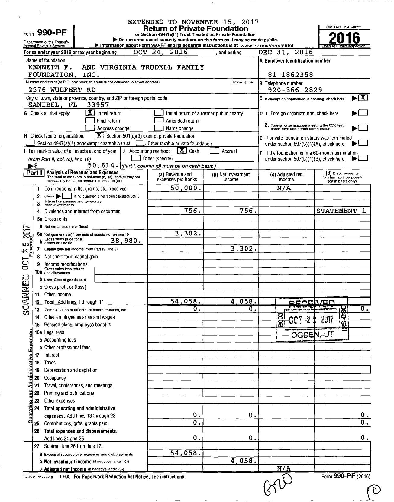 Image of first page of 2016 Form 990PF for Kenneth F and Virginia Trudell Family Foundation