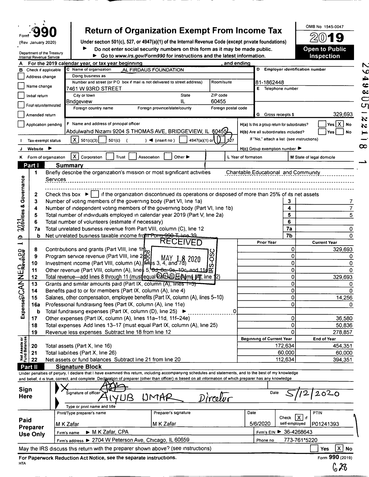 Image of first page of 2019 Form 990 for Al Firdaus Foundation