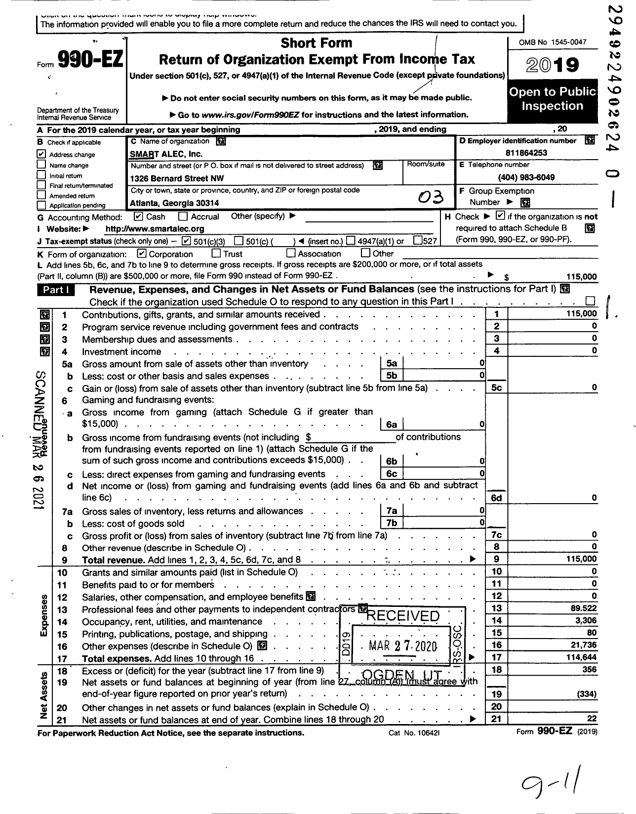 Image of first page of 2019 Form 990EZ for Smart Alec