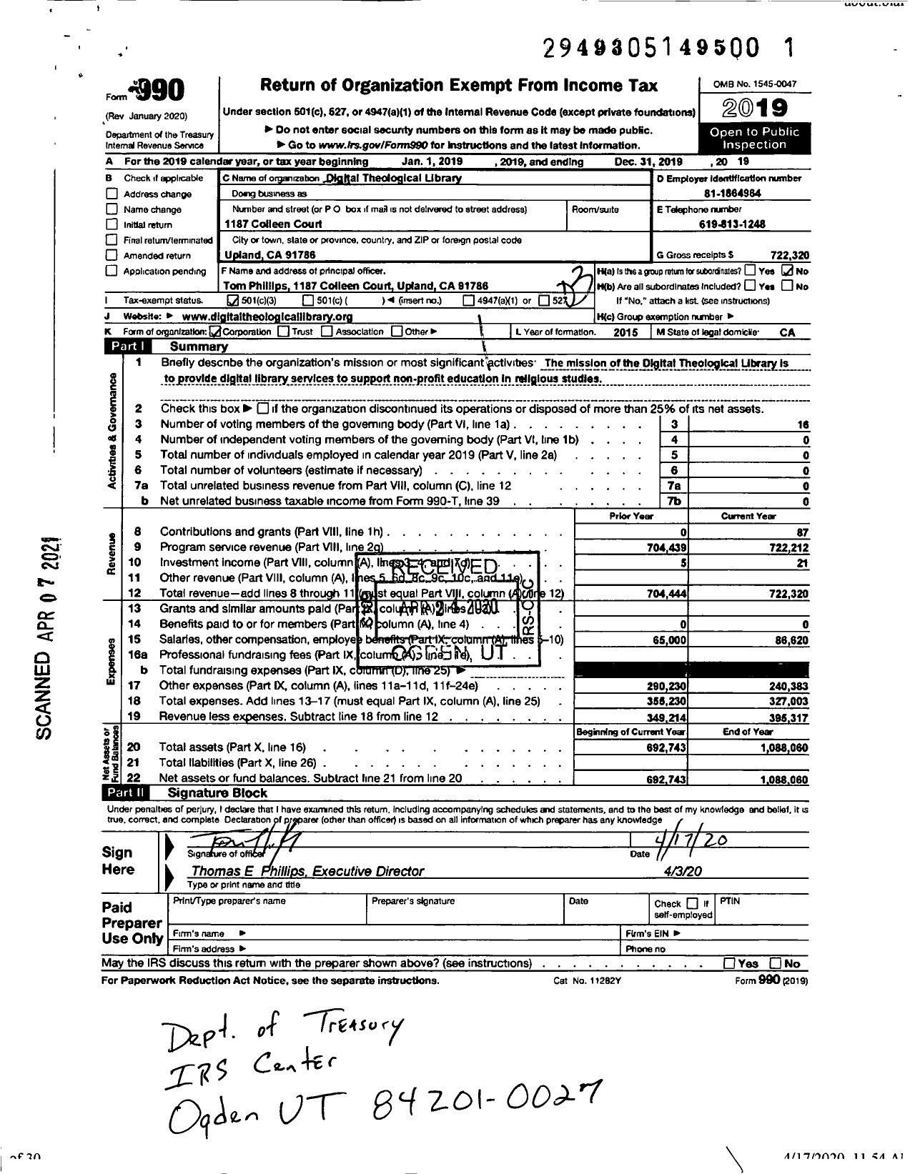 Image of first page of 2019 Form 990 for Digital Theological Library