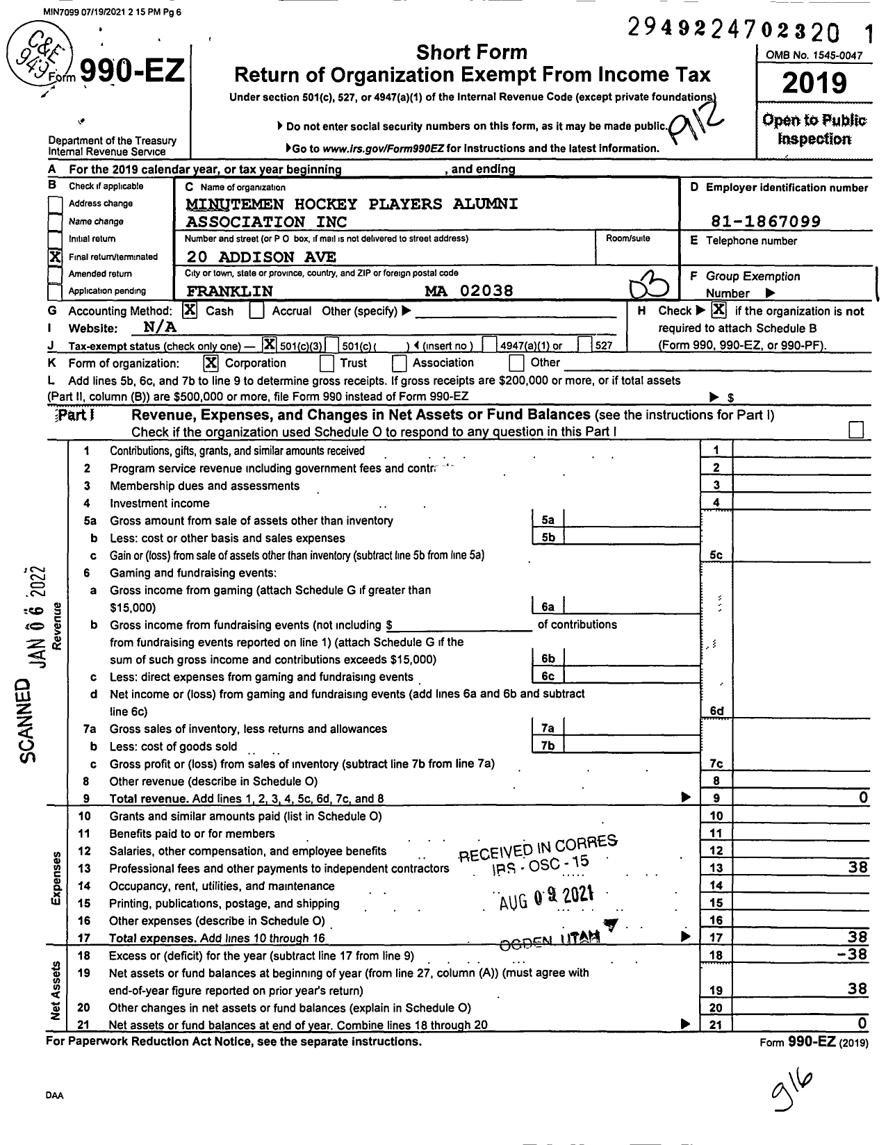 Image of first page of 2019 Form 990EZ for Minutemen Hockey Players Alumni Association