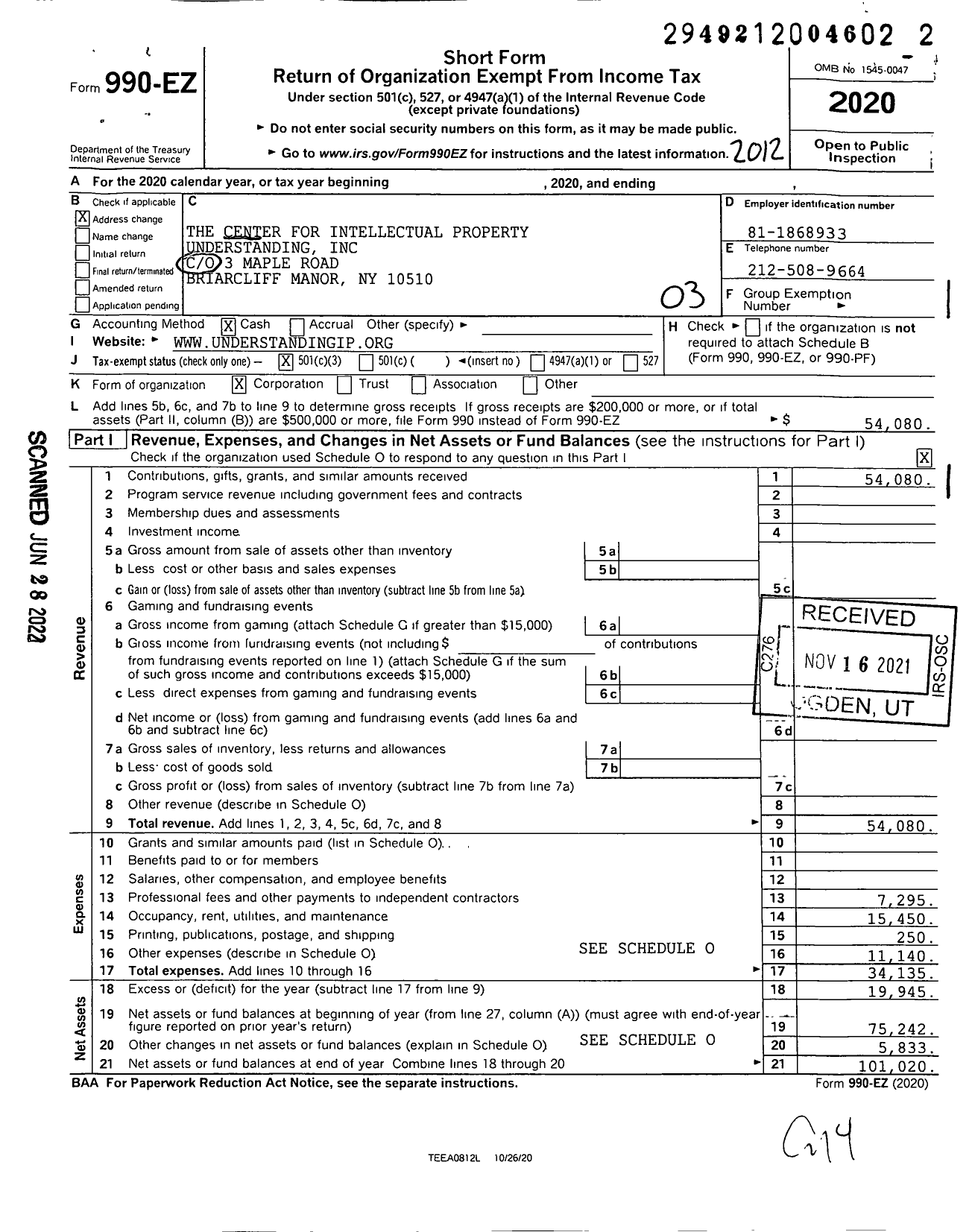 Image of first page of 2020 Form 990EZ for The Center for Intellectual Property Understanding