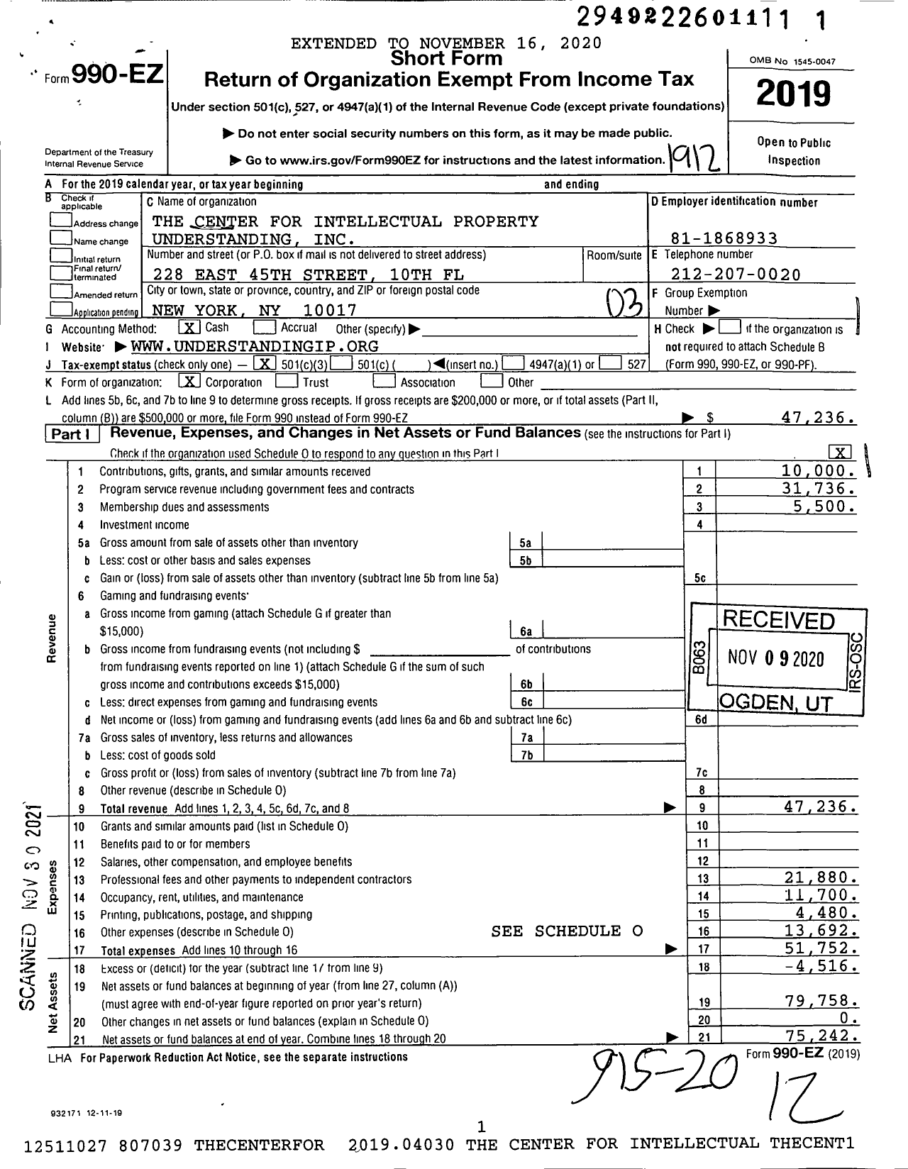 Image of first page of 2019 Form 990EZ for The Center for Intellectual Property Understanding