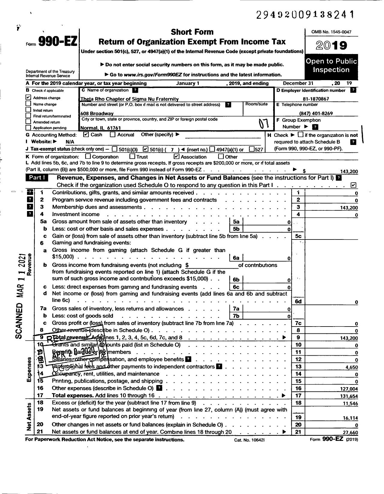 Image of first page of 2019 Form 990EO for Sigma Nu Fraternity - Theta Rho