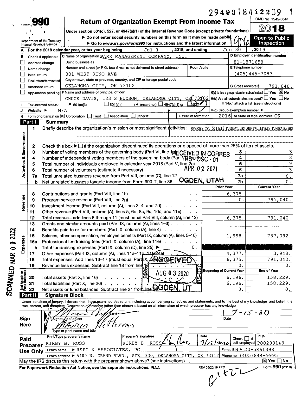 Image of first page of 2018 Form 990 for Park Management Company