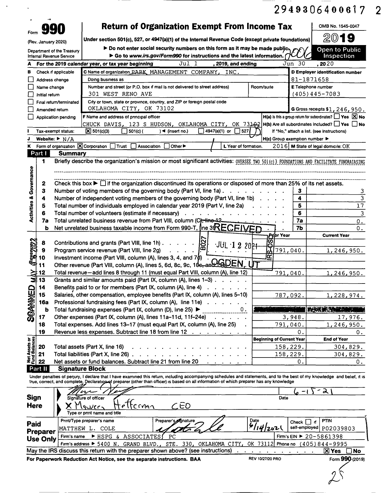 Image of first page of 2019 Form 990 for Park Management Company