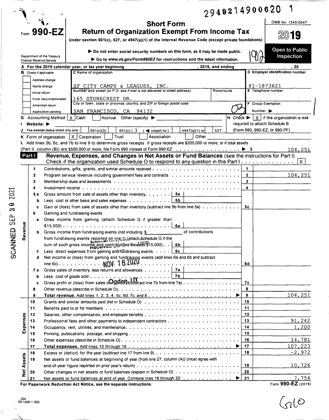 Image of first page of 2019 Form 990EZ for SF City Camps and Leagues