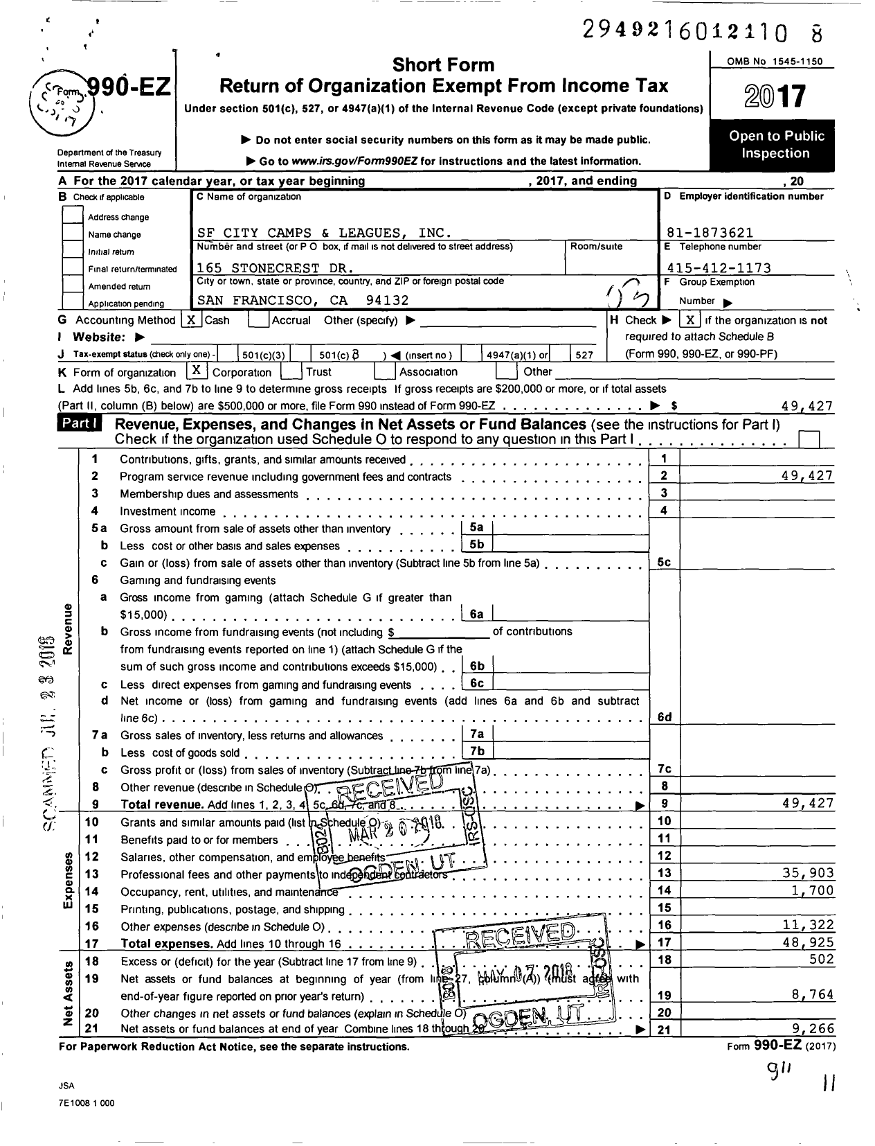 Image of first page of 2017 Form 990EZ for SF City Camps and Leagues