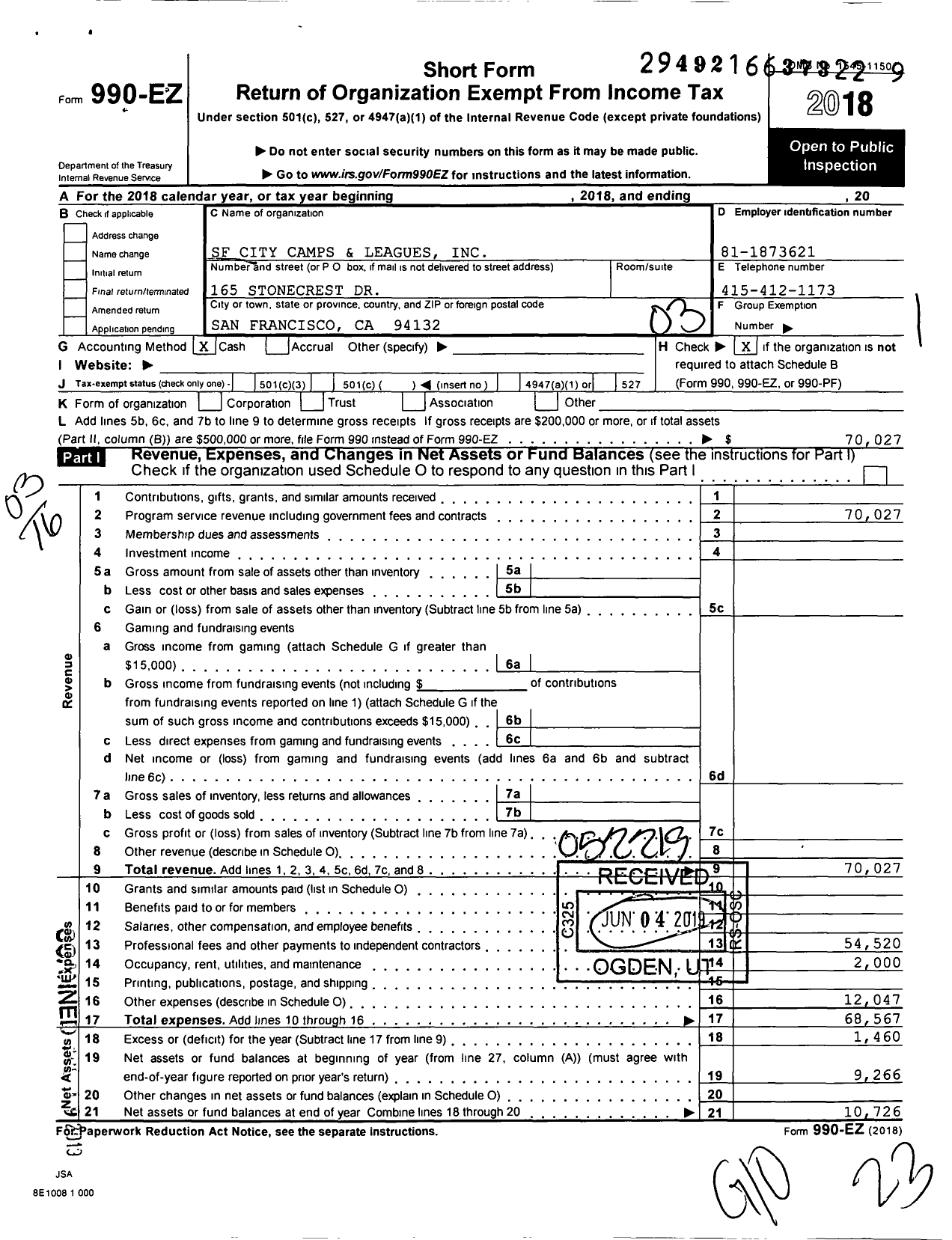 Image of first page of 2018 Form 990EZ for SF City Camps and Leagues