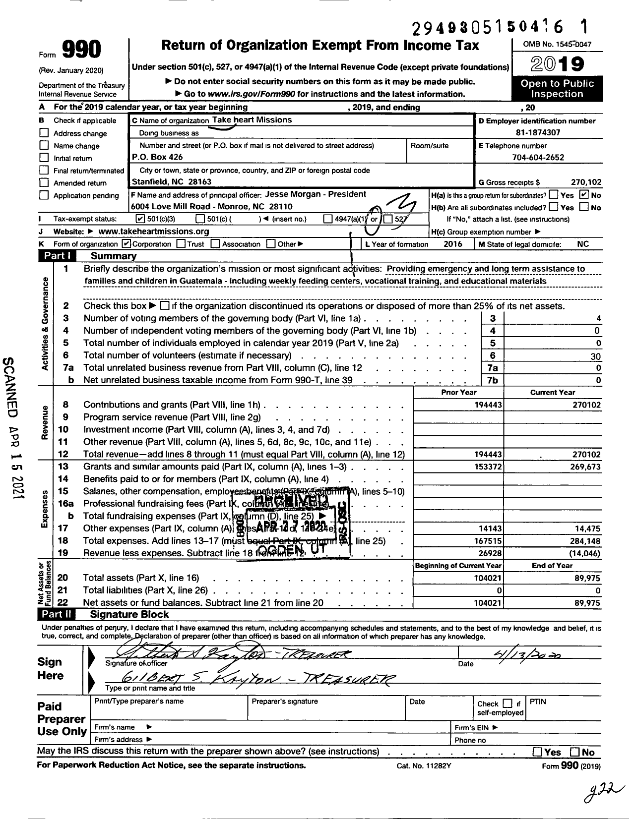 Image of first page of 2019 Form 990 for Take Heart Missions