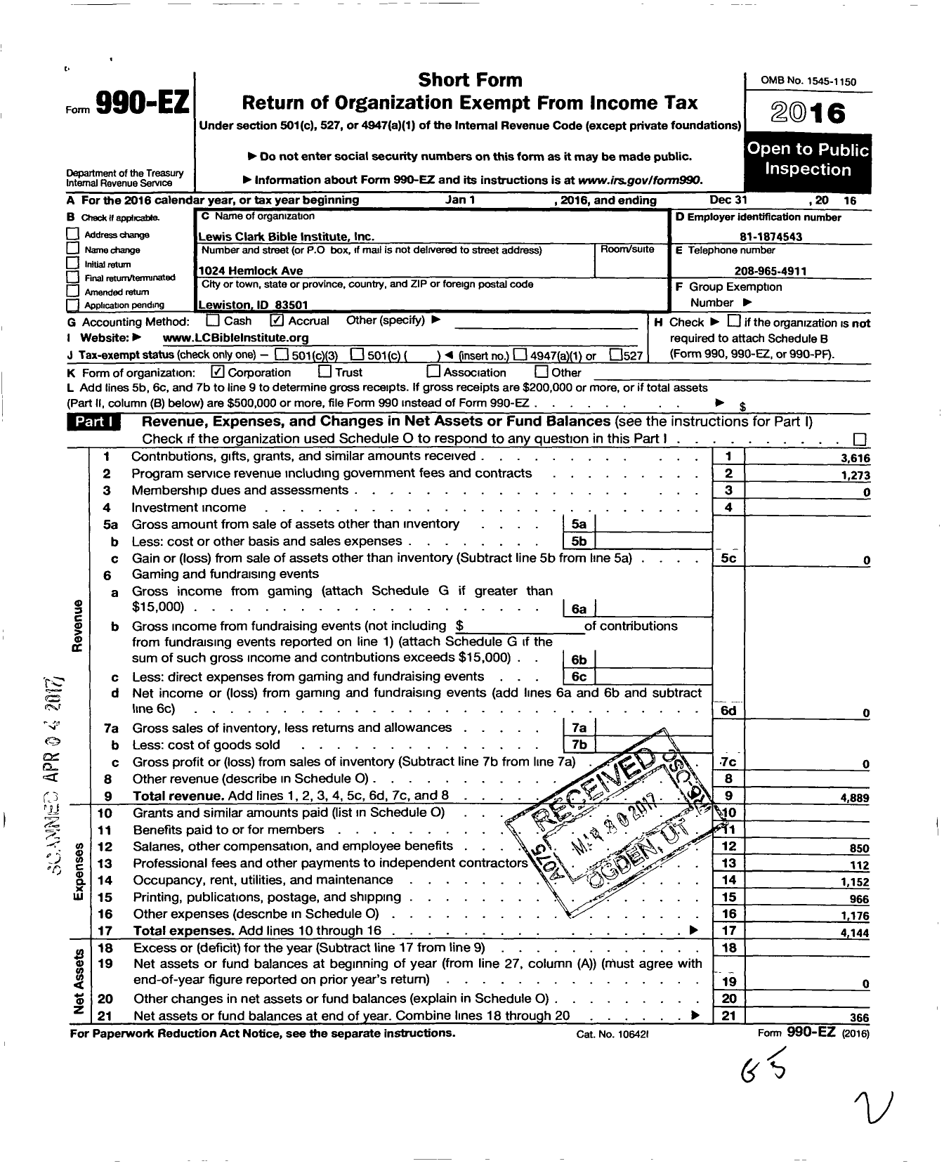 Image of first page of 2016 Form 990EO for Lewis Clark Bible Institute