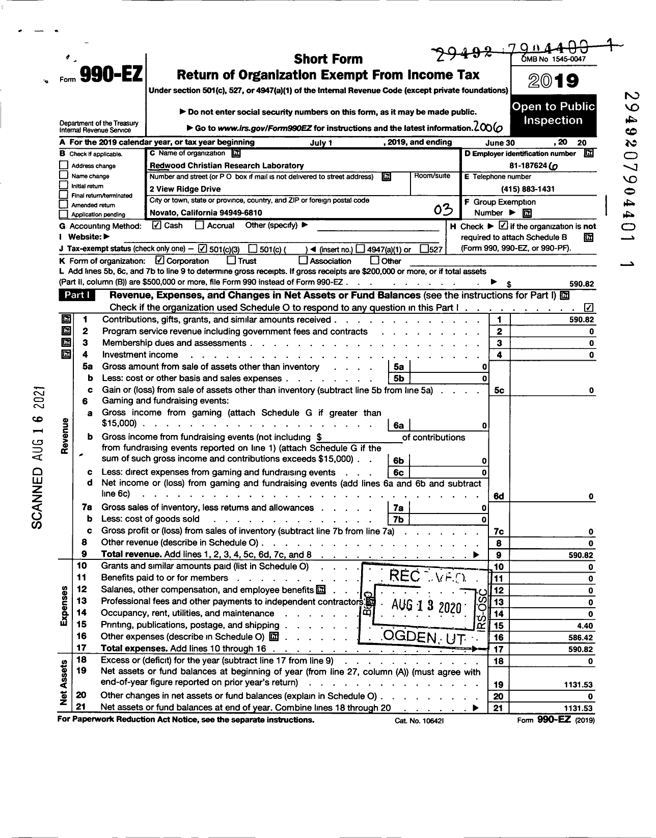 Image of first page of 2019 Form 990EZ for Redwood Christian Research Laboratory