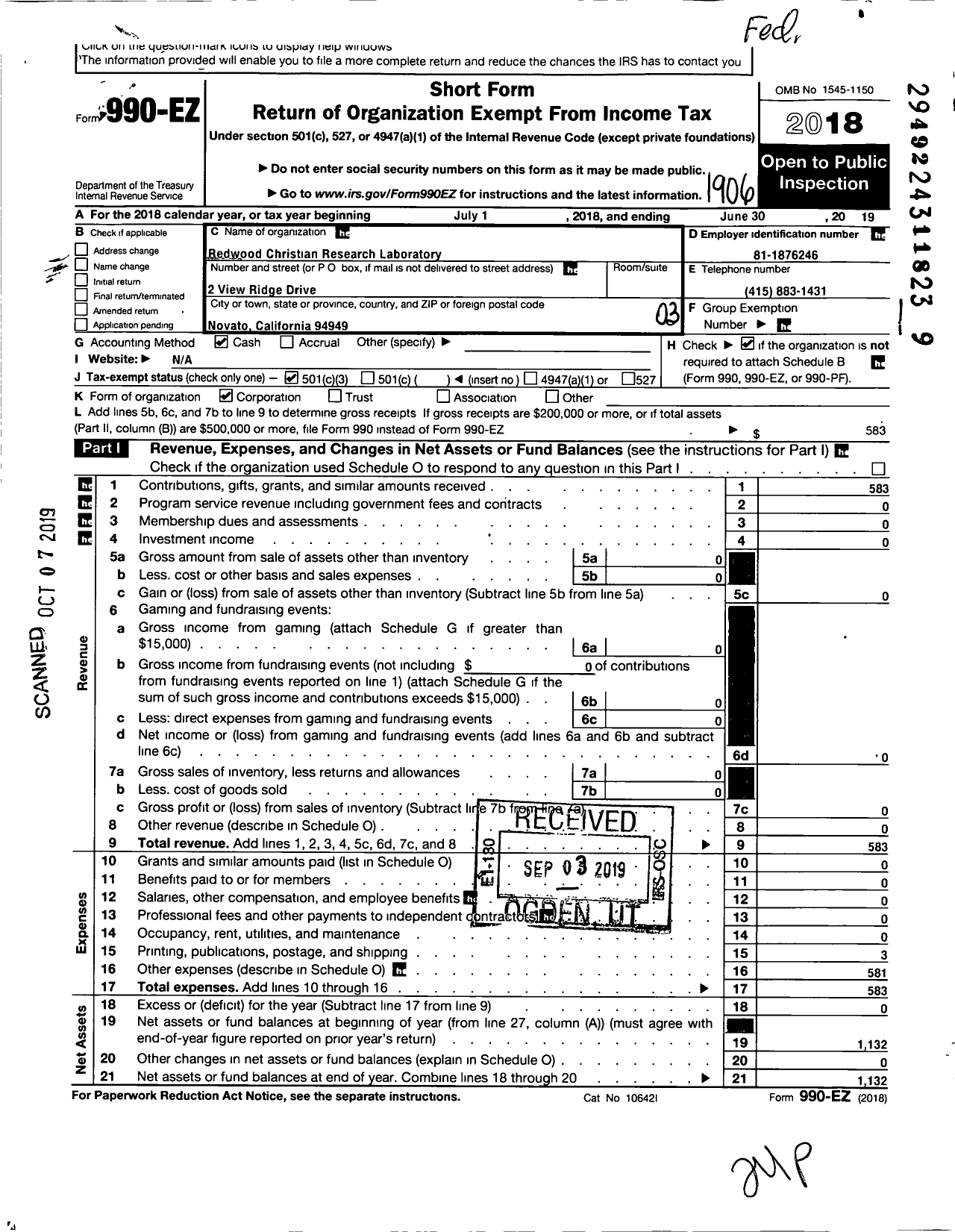 Image of first page of 2018 Form 990EZ for Redwood Christian Research Laboratory