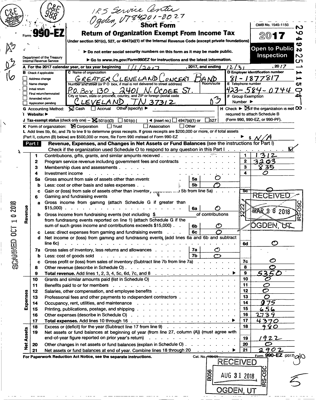 Image of first page of 2017 Form 990EZ for Greater Cleveland Concert Band