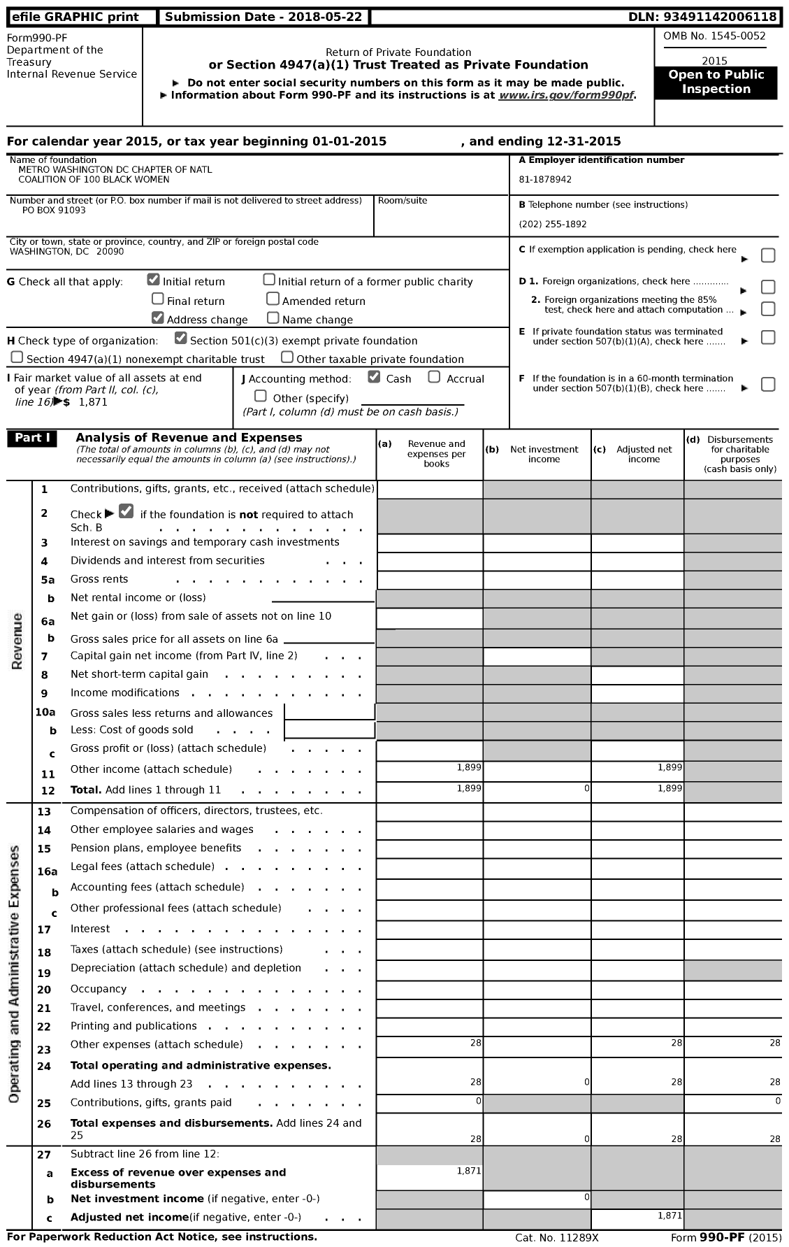 Image of first page of 2015 Form 990PF for Metropolitan Washington DC Chapter of NCBW100